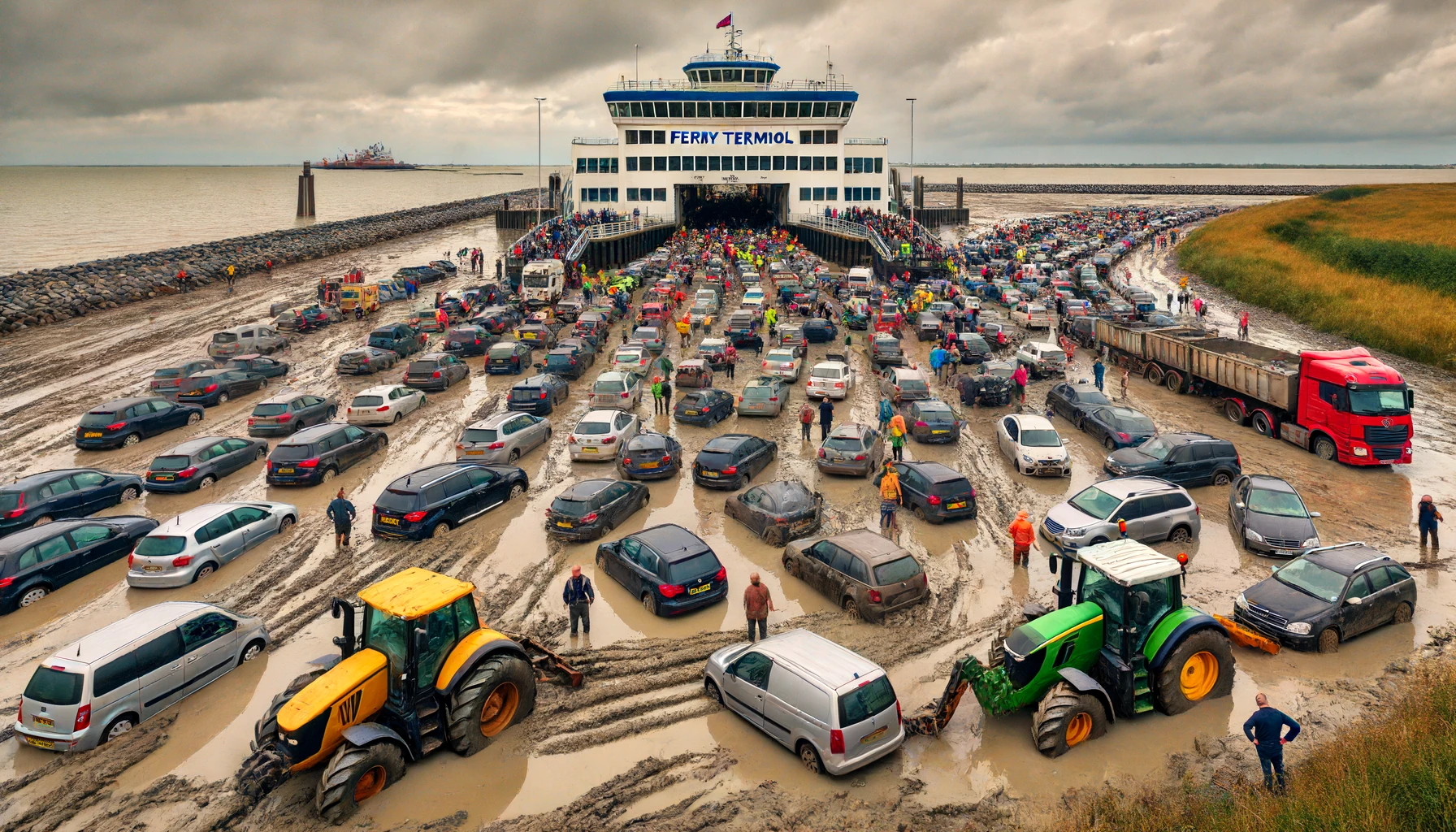Hollanda Harlingen'de Yüzlerce Araç Çamura Saplandı, Belediye Traktörleri Devreye Soktu